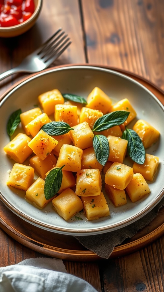 A plate of homemade potato gnocchi in sage butter sauce, garnished with Parmesan cheese and fresh sage.